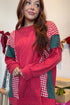 Patchwork Plaid Twist Rib Round Neck Long Sleeve Top