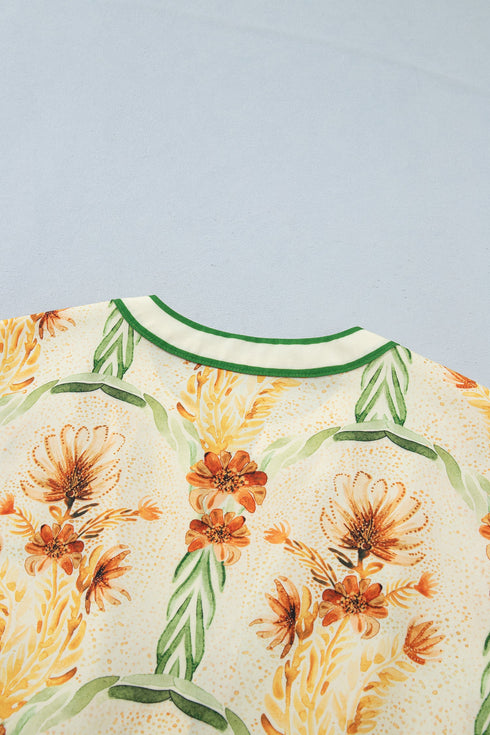 Floral Print V Neck Long Sleeve Blouse