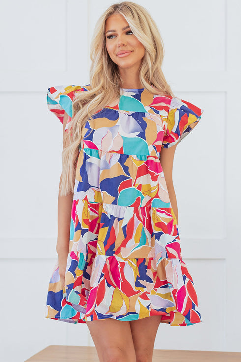 Abstract Print Ruffled Flutter Sleeve A-Line Mini Dress