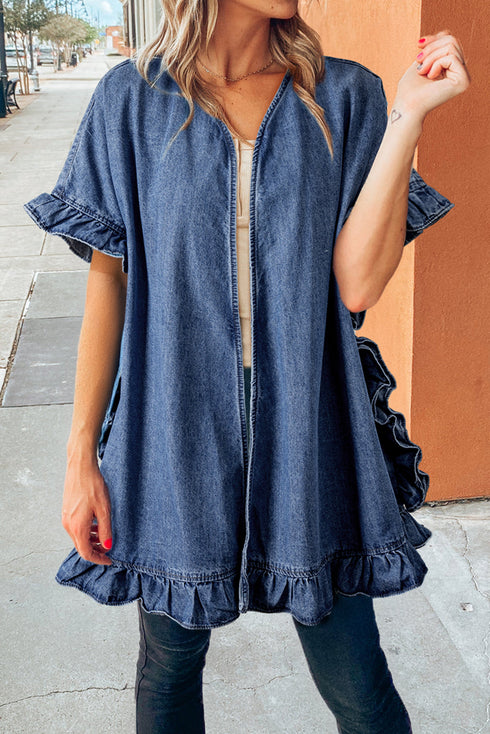 Chambray Denim Ruffle Hem Half Sleeve Open Loose Kimono