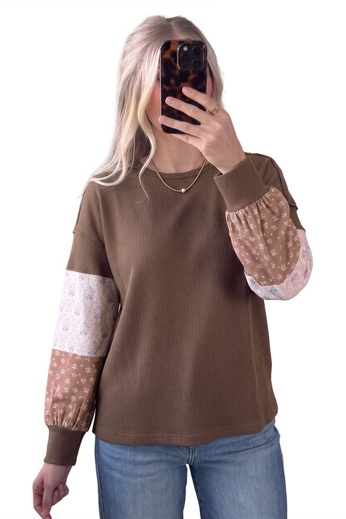 Vintage Floral Waffle Texture Relaxed Pullover Tunic Top