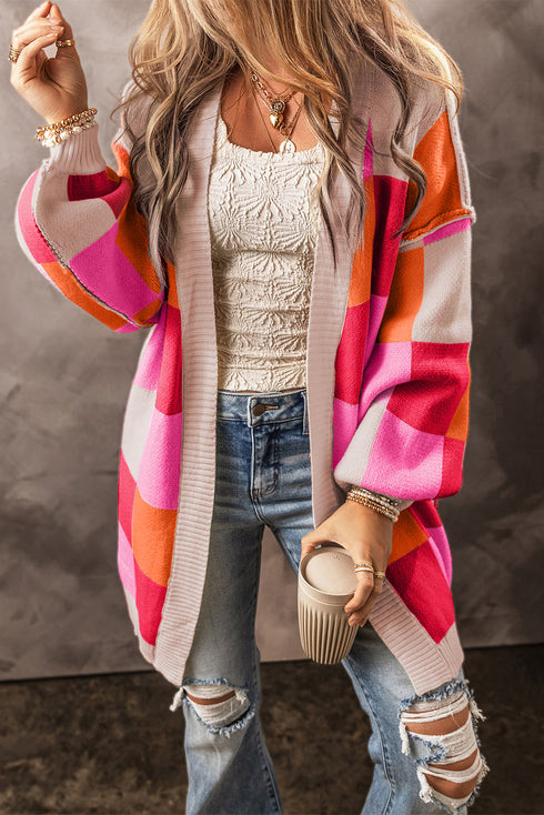 Checkered Drop Shoulder Exposed Seam Open Front Cardigan