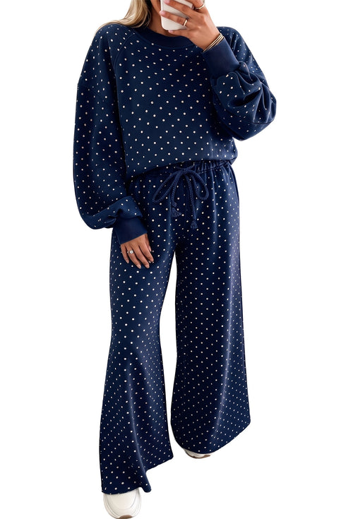 Polka Dot Drawstring Wide Leg Long Sleeve Pant Set