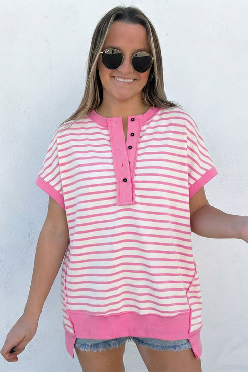 Striped Patchwork Half Placket High Low Short Sleeve Top