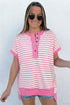 Striped Patchwork Half Placket High Low Short Sleeve Top