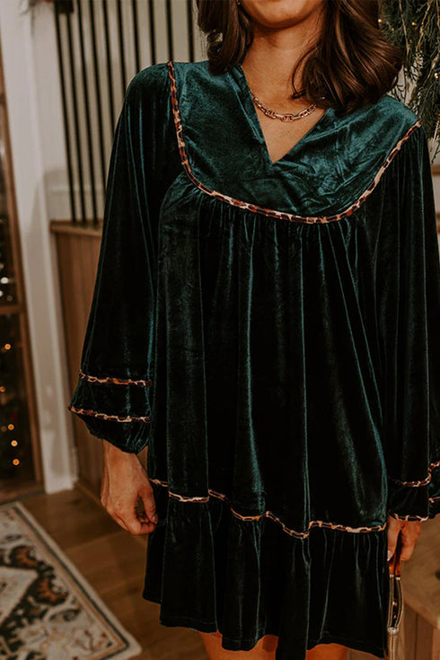 Leopard Trim Velvet Long Sleeve Shift Mini Dress