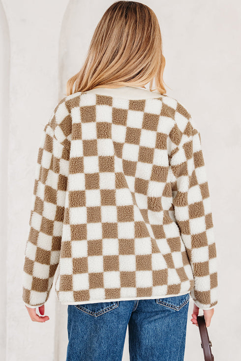 Checkered Print Chunky Sherpa Fleece Button Front Jacket