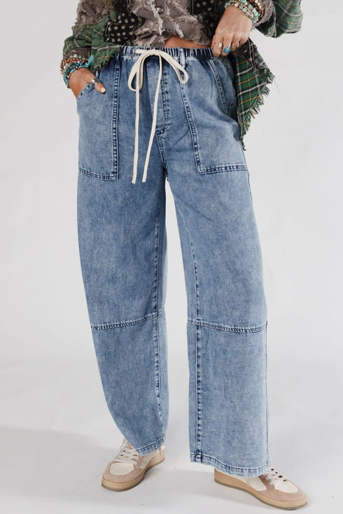 Acid Wash Exposed Seam Elastic Waist Wide Leg Jeans