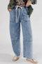 Acid Wash Exposed Seam Elastic Waist Wide Leg Jeans