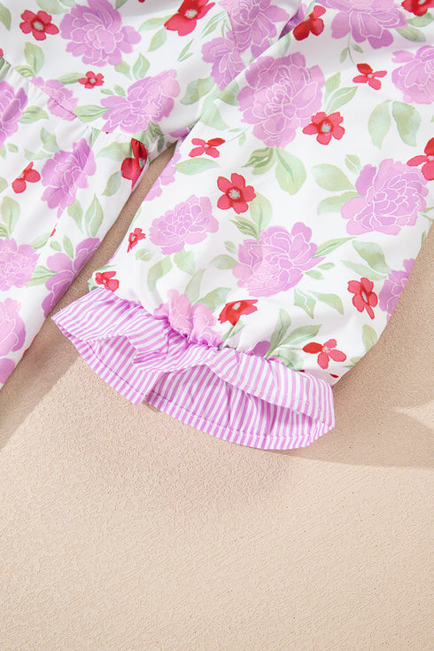 Southern Belle Striped Trim Frilled Neck Mini Floral Dress