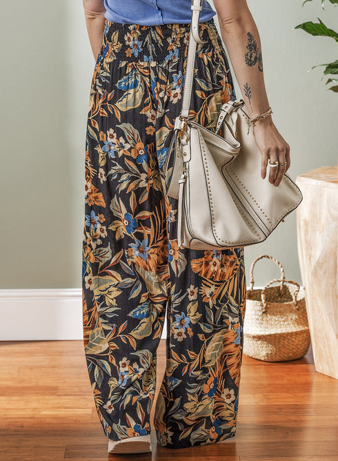 Bohemian Floral Print Smocked Waist Wide Leg Pants