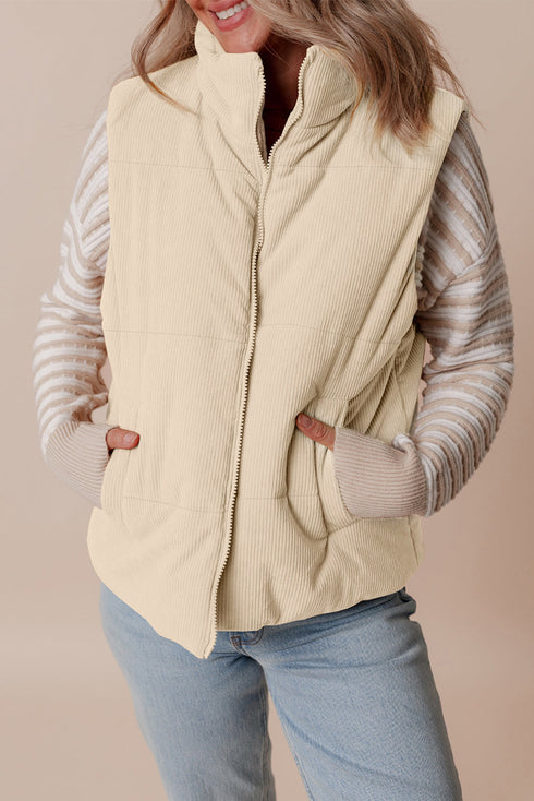 Textured Corduroy Stand Neck Zipped Puffer Vest