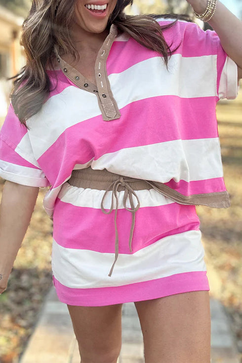 Stripe Polo Tee Drawstring Mini Skirt Two Piece Set