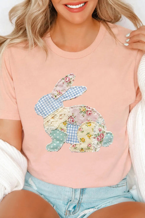 Vibrant Patchwork Bunny Motif Printed Graphic Tee