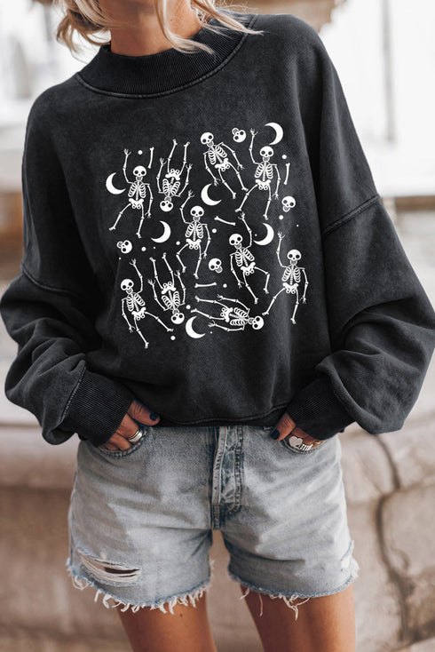 Dancing Skeleton And Moon Graphic Print Pullover Sweatshirt