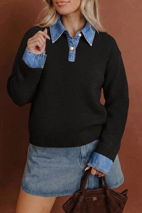 Acrylic Polyester Denim Patchwork Collar Cuffed Sweater