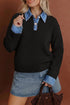 Acrylic Polyester Denim Patchwork Collar Cuffed Sweater