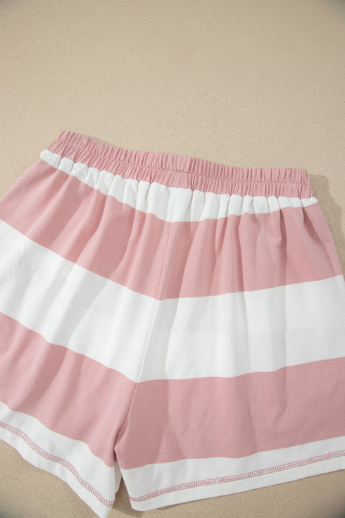 Striped Half Zip Bracelet Sleeve Top Short Set