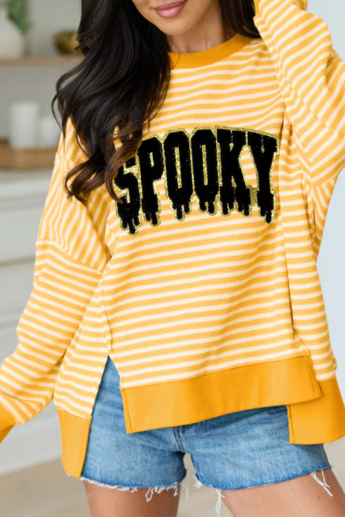 Spooky Slogan Stripe Split Hem Long Sleeve Sweatshirt
