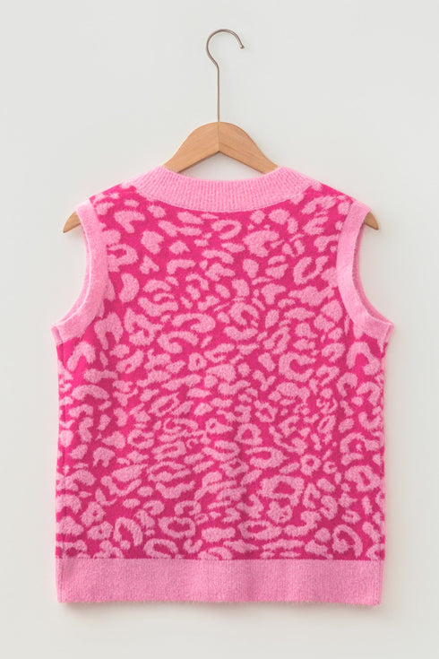Leopard Print Knit Sleeveless Regular Sweater Vest