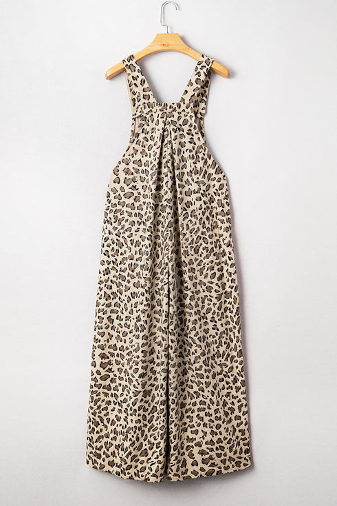 Exclusive Ribbed Leopard Print Wide Leg Bib Jumpsuit