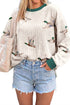 Duck Print Twist Ribbed Corded Crewneck Long Sleeve Pullover Top