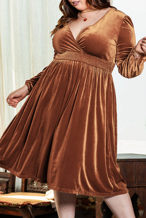 Velvet Surplice Neck Balloon Sleeve A Line Dress