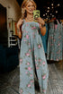 Pleated High Waist Floral Wide Leg Denim Jumpsuit