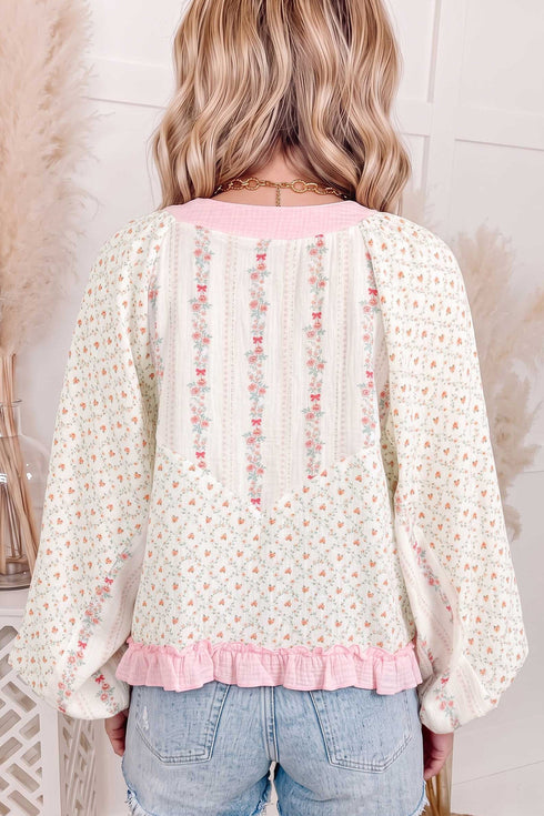 Floral Lace Up V Neck Long Sleeve Blouse