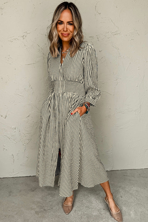 Modern Striped Zip Front Cinched High Waist Midi Dress