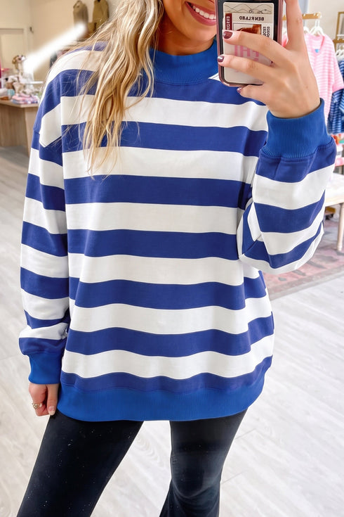 Relaxed Cotton Striped Pattern Mock Neck Sweatshirt