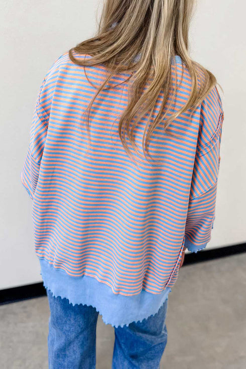 Scalloped Trim Stripe Print Loose Silhouette Top