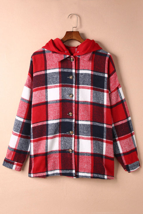 Casual Hooded Button Front Plaid Print Shacket