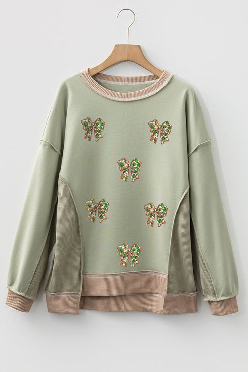 Polyester Sequin Bow Patchwork Waffle Loose Sweatshirt