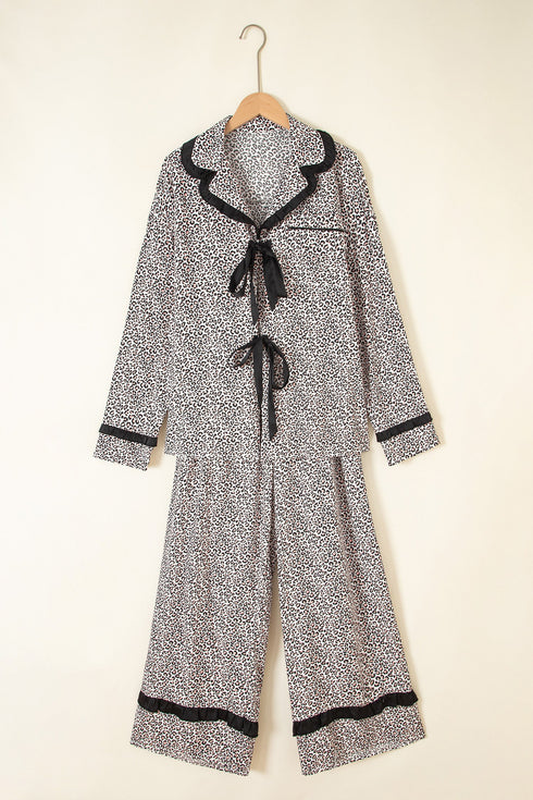 Leopard Print Bow Knot Patchwork Long Sleeve Lounge Set