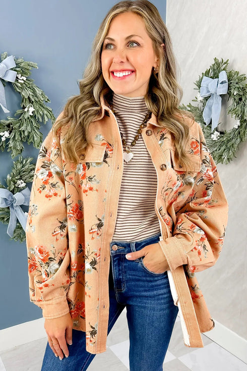 Floral Print Tunic Length Long Sleeve Denim Jacket