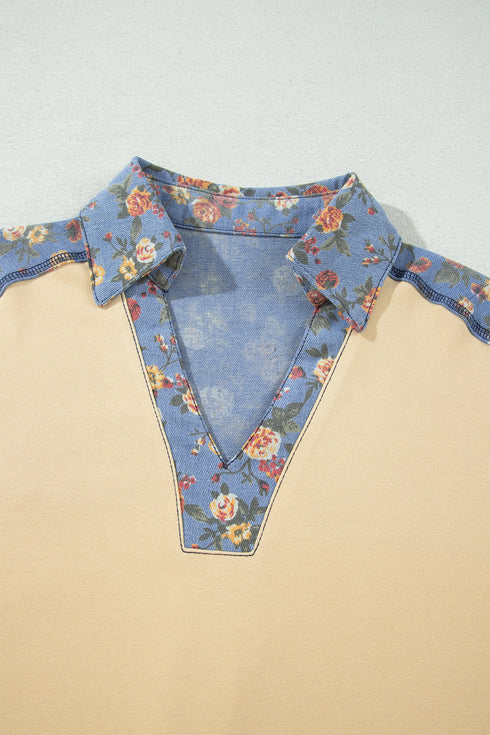 Floral Denim Patchwork Collar V Neck Long Sleeve Pullover Top