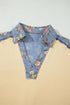 Floral Denim Patchwork Collar V Neck Long Sleeve Pullover Top