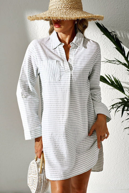 Striped Split Neck Roll Tab Sleeve Pocketed Shirt Dress
