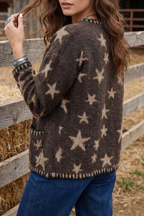 Polyester Stars Pattern Long Sleeve Shift Cardigan