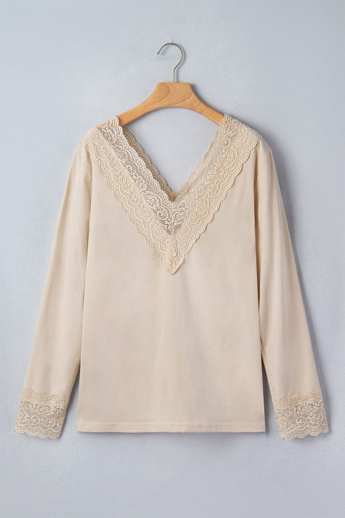 Intricate Lace Spliced V Neck Long Sleeve Top