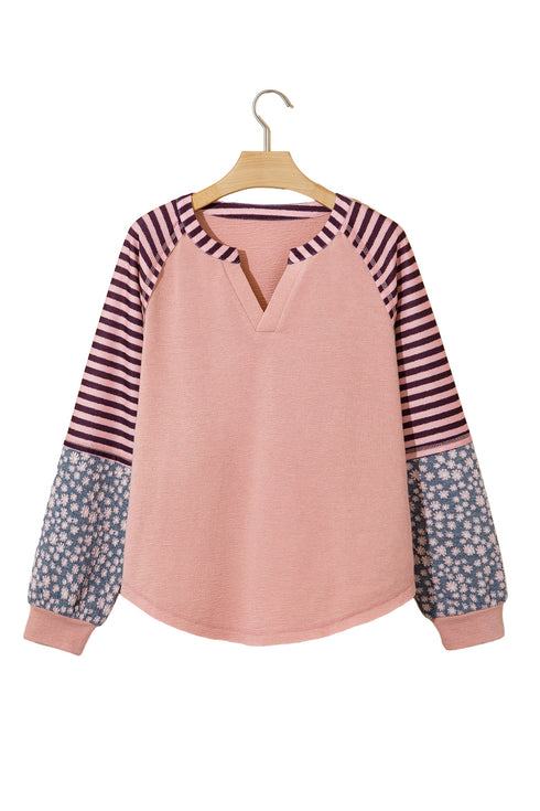 Striped Floral Patchwork V Neck Seam Long Sleeve Top