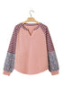 Striped Floral Patchwork V Neck Seam Long Sleeve Top