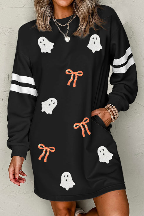Sequin Ghost Varsity Stripe Sleeve Sweatshirt Graphic Dress