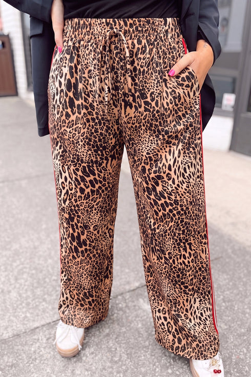 Leopard Print Side Stripe Full Length Wide Leg Pants