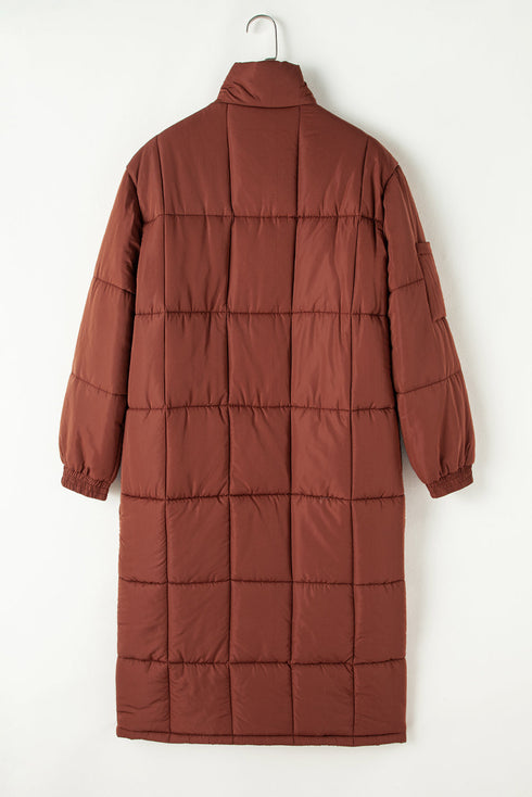 Solid Quilted Stand Collar Zipped Mid Length Puffer Coat