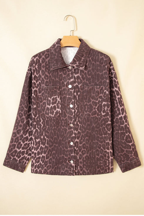 Leopard Print Oversized Patch Pocket Long Sleeve Denim Jacket
