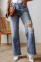 Distressed Cut Out Raw Hem Wide Leg Jeans