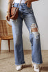 Distressed Cut Out Raw Hem Wide Leg Jeans