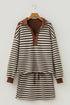 Striped Button Neck Long Sleeve Top Drawstring Mini Skirt Set